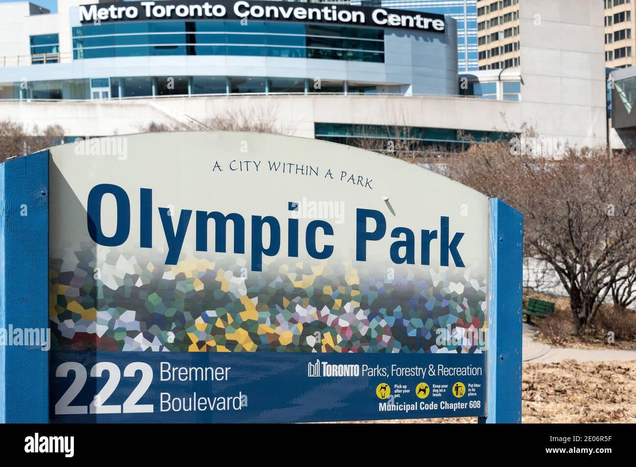 Olympic Park sign. Metro Toronto Convention Center: The centre is operated by the Metropolitan Toronto Convention Centre Corporation, an independent a Stock Photo