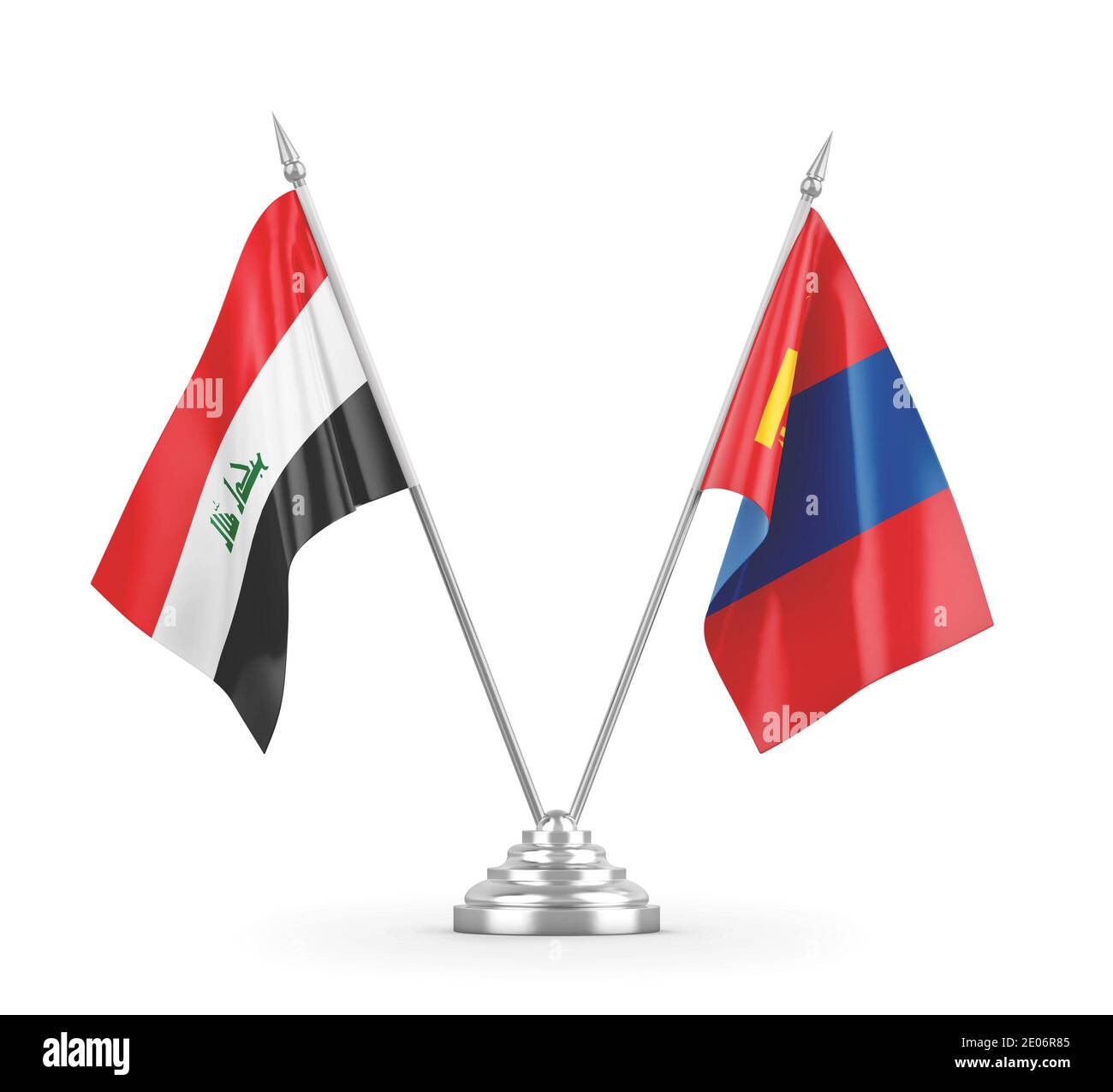 Mongolia and Iraq table flags isolated on white background 3D rendering Stock Photo