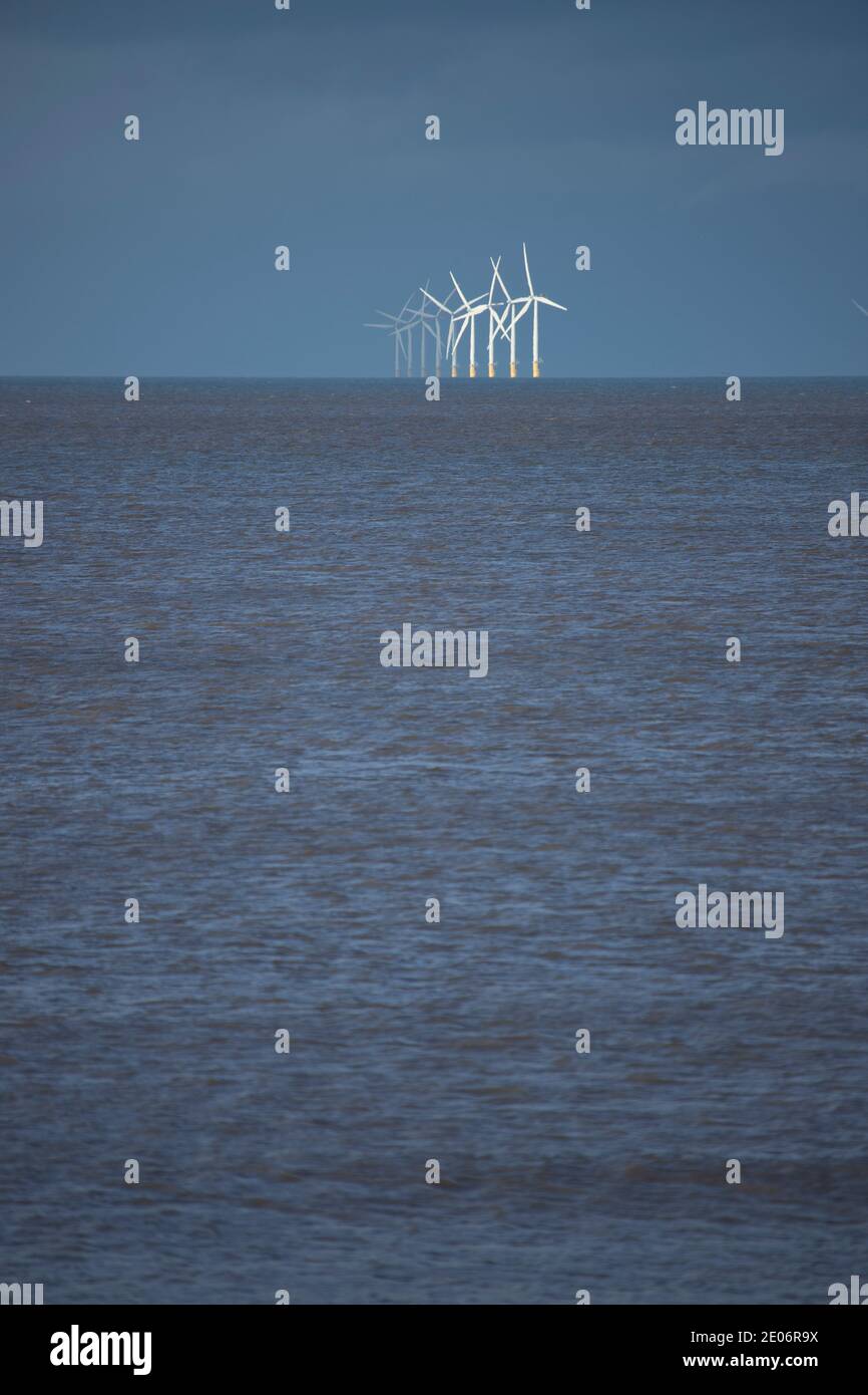 Gwynt-y-Môr offshore wind farm turbines, North Wales coast Stock Photo