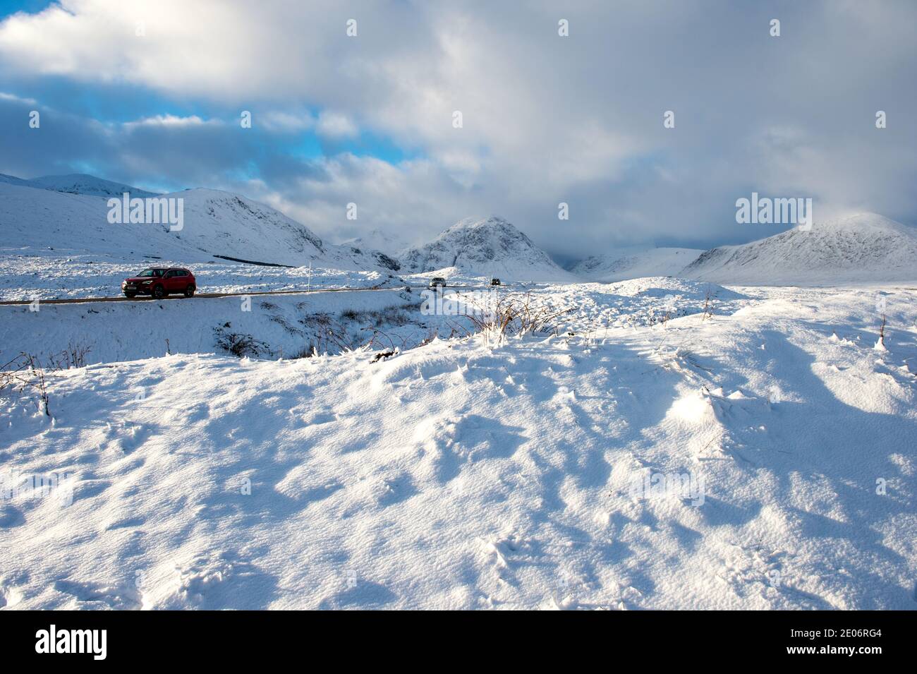 Glencoe, Scotland, UK. 30th Dec, 2020. Pictured: Yellow Weather warning for snow. Scenic Glencoe seen with snow cover. Freezing temperatures and more snow forecast. Credit: Colin Fisher/Alamy Live News Stock Photo
