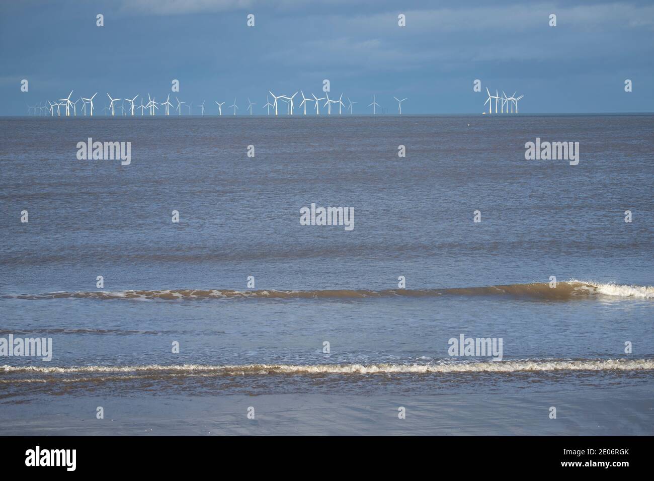 Gwynt-y-Môr offshore wind farm turbines, North Wales coast Stock Photo