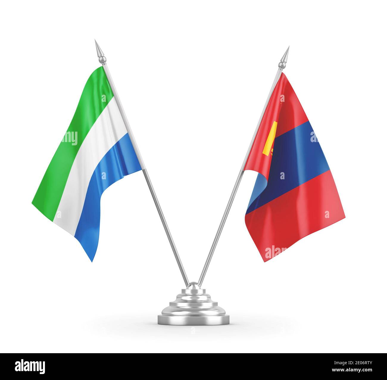 Mongolia and Sierra Leone table flags isolated on white background 3D rendering Stock Photo