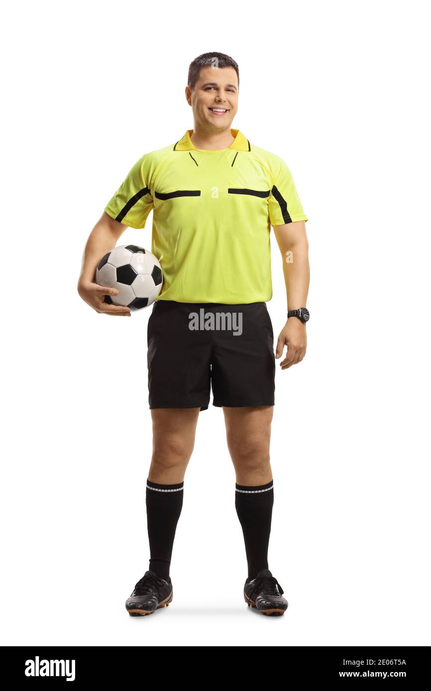 Full length portrait of a referee holding a football isolated on white background Stock Photo