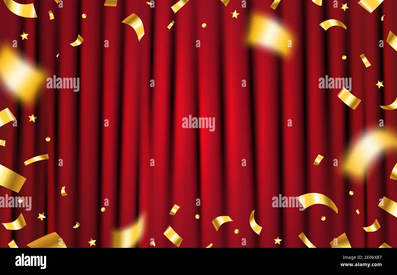 Curtain red with gold confetti. Concert or ceremony template. Award or winner concept with