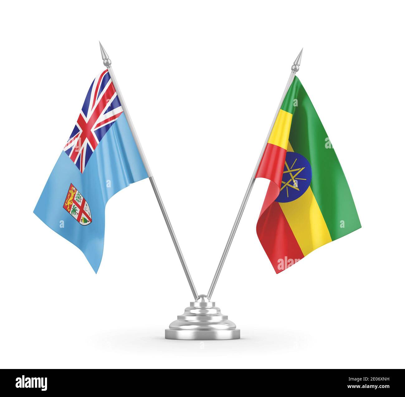 Ethiopia and Fiji table flags isolated on white background 3D rendering Stock Photo