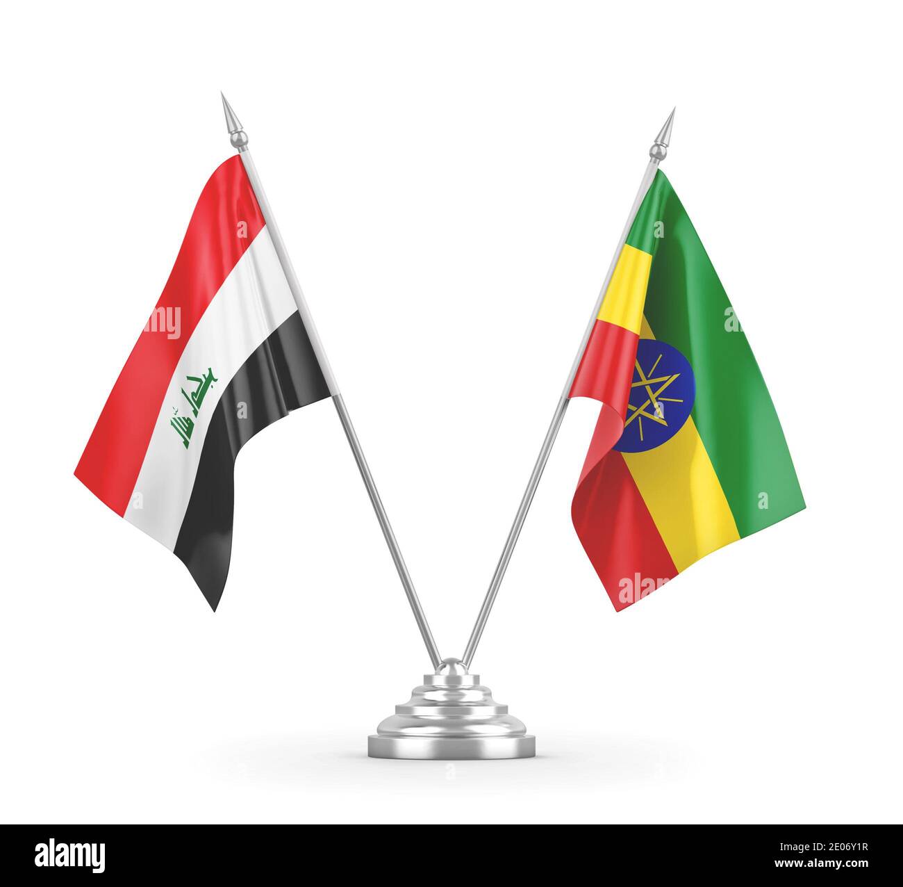 Ethiopia and Iraq table flags isolated on white background 3D rendering Stock Photo