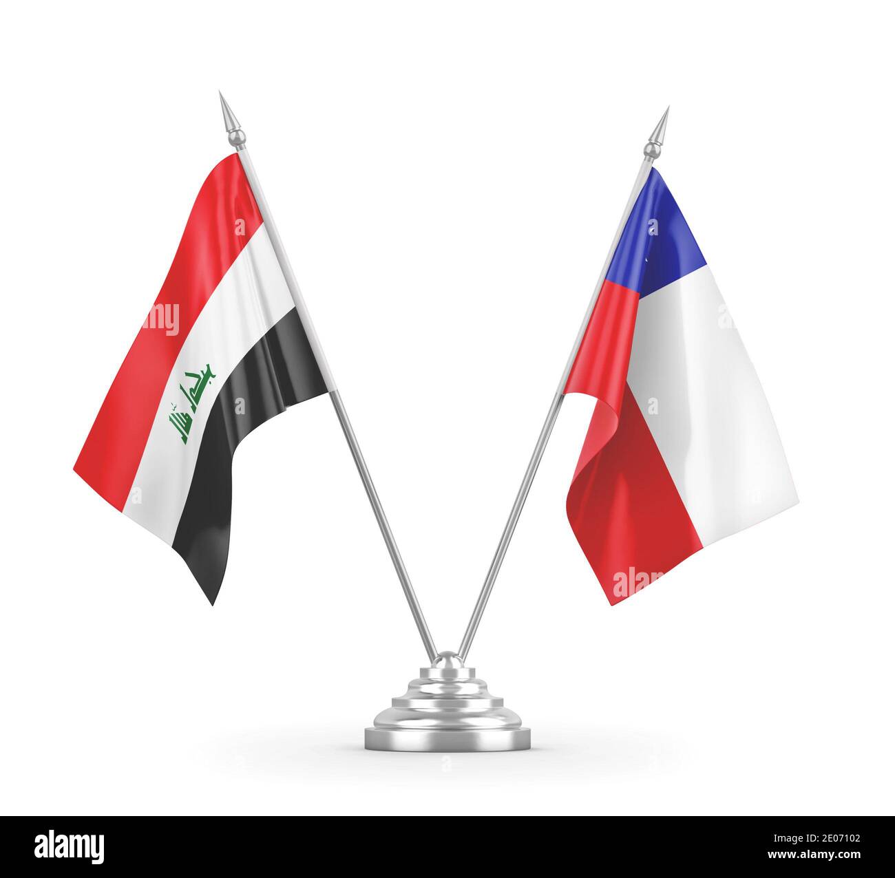Chile and Iraq table flags isolated on white background 3D rendering Stock Photo