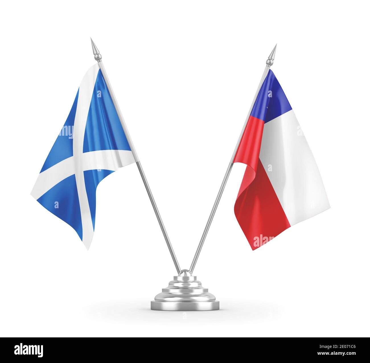 Chile and Scotland table flags isolated on white background 3D rendering Stock Photo
