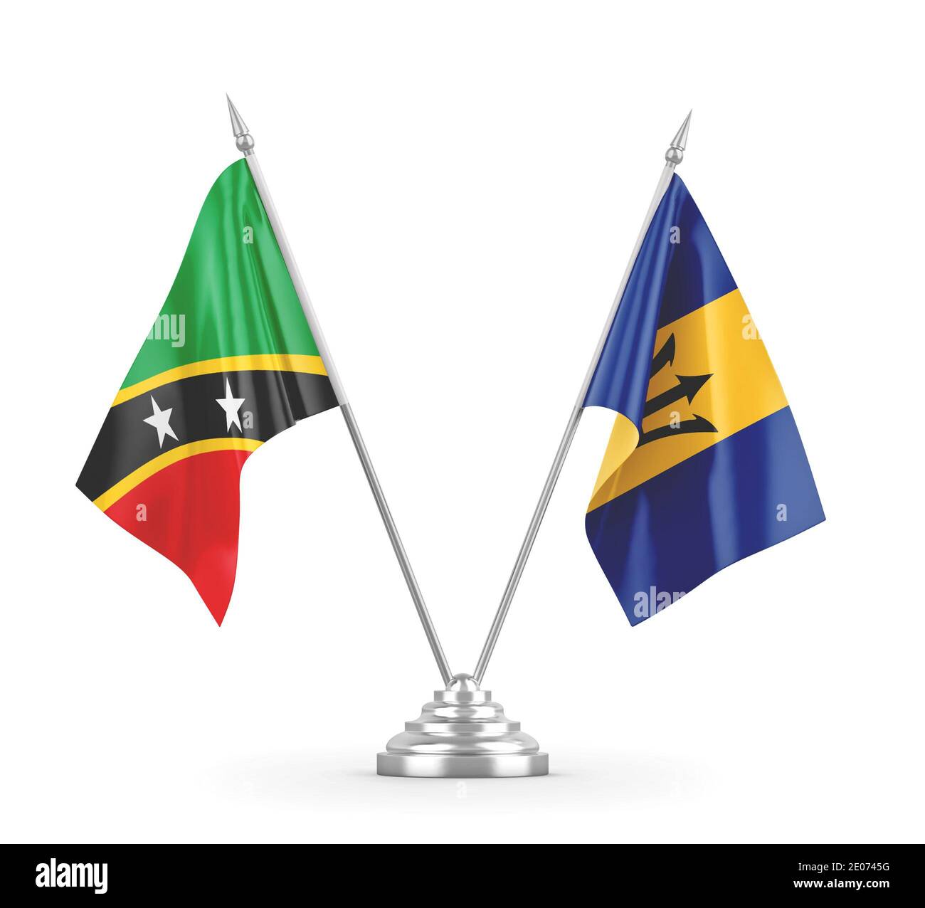 Barbados and Saint Kitts and Nevis table flags isolated on white background 3D rendering Stock