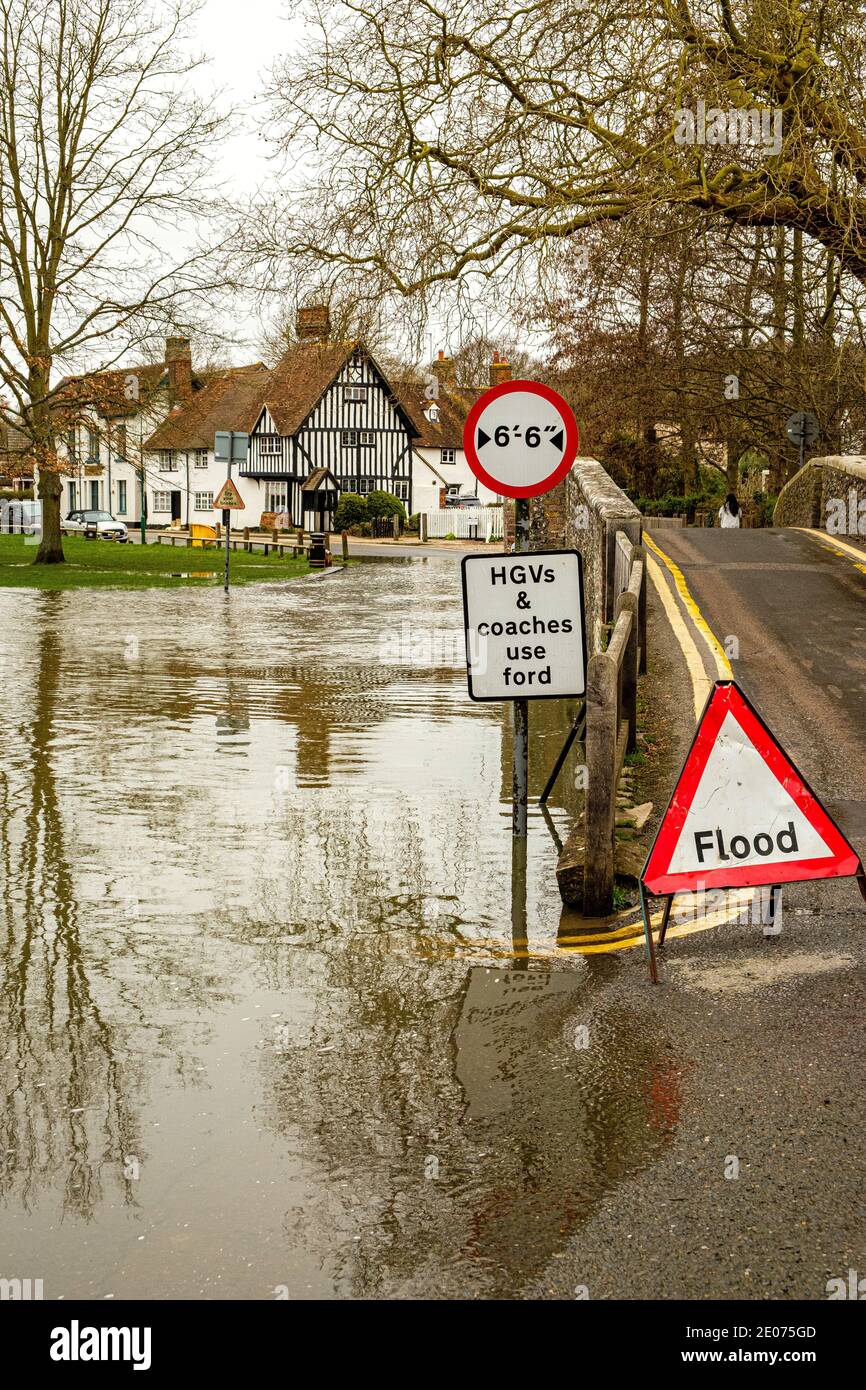 Eynsford Bridge and Ford in flood, Riverside, Eynsford, Kent Stock Photo