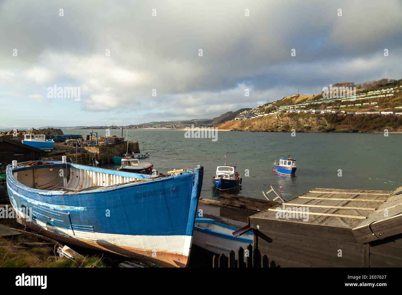 The view of Pettycur Caravan Park from the harbour, Kinghorn, Fife, Scotland. Stock Photo