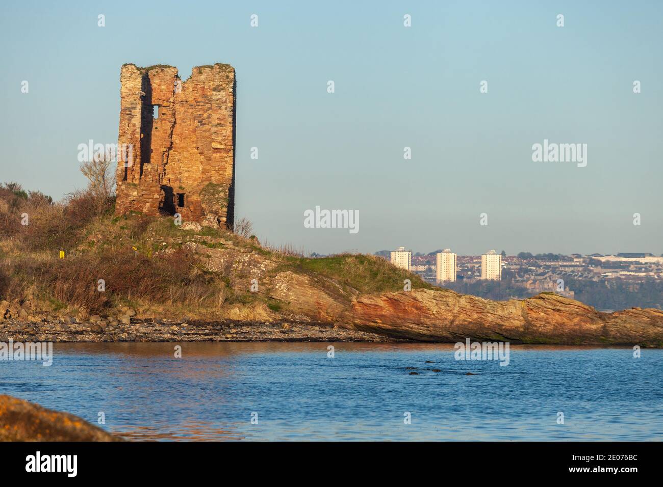 The ruined Seafield Tower castle along the Fife Coastal Path, Kirkcaldy , Fife, Scotland Stock Photo