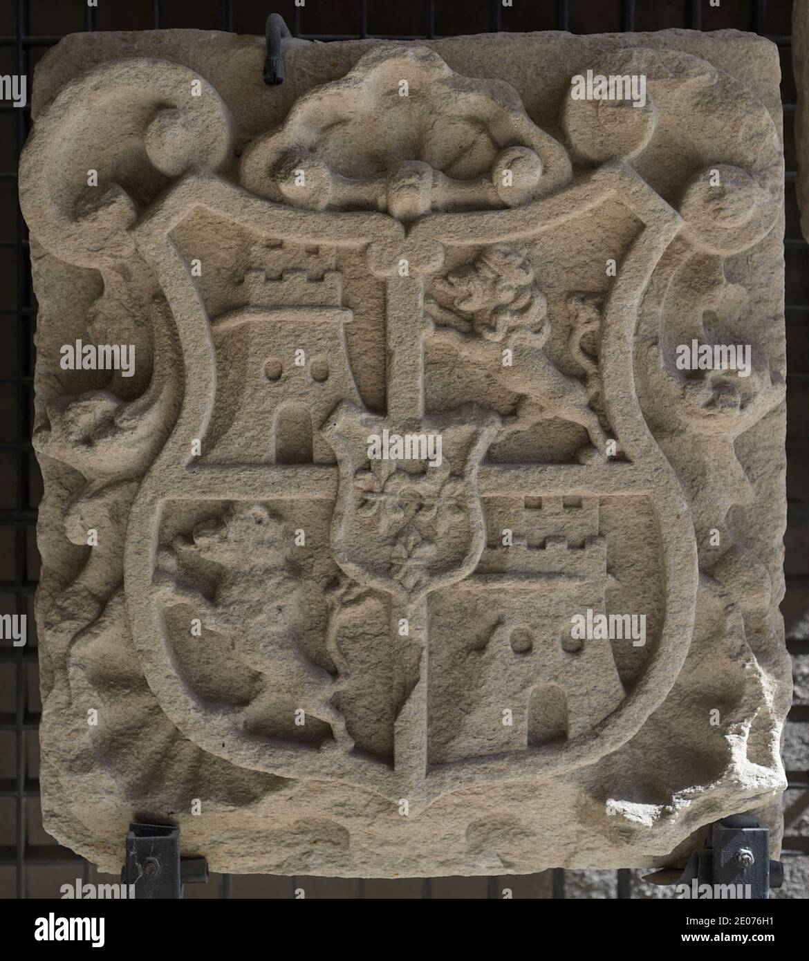Royal Coat of Arms of Spain with the Bourbon emblem. 18th century. From the wall of La Coruña (Galicia, Spain). Archaeological and History Museum (San Anton Castle). A Coruña, Galicia, Spain. Stock Photo