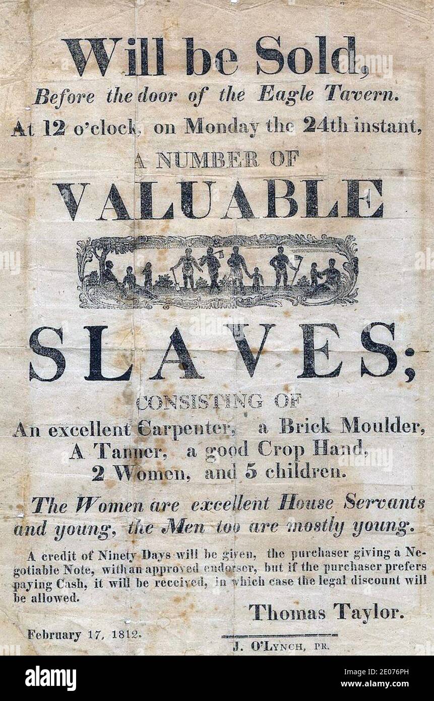 AMERICAN SLAVE AUCTION NOTICE 1812 Stock Photo