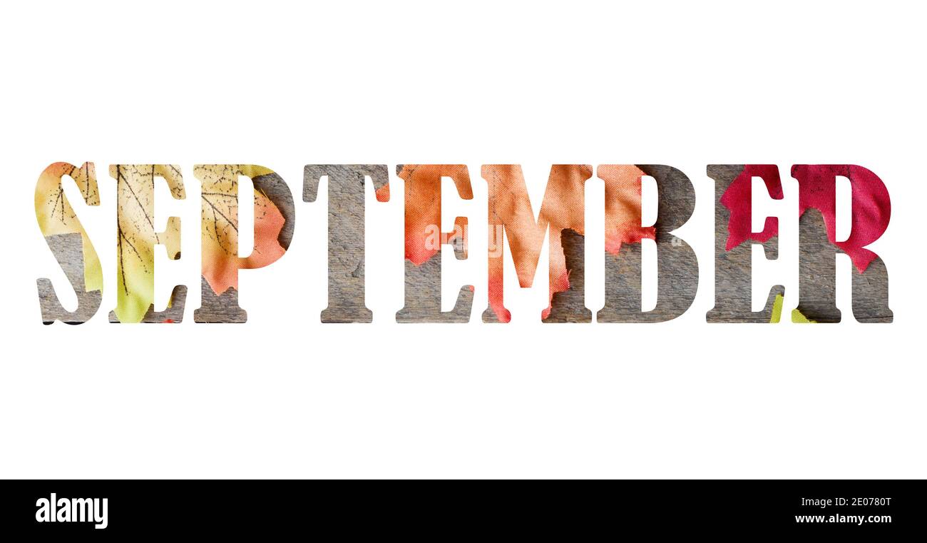 Word September made from autumn picture with maple leaves, isolated on white background Stock Photo