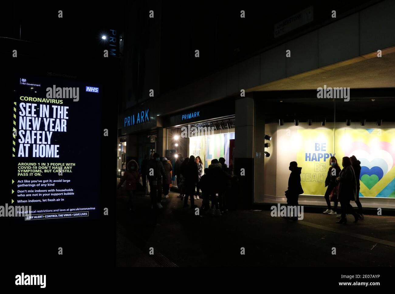 Leicester, Leicestershire, UK. 30th December 2020. Shoppers queue outside a Primark clothes store after it was announced the City would enter tier 4 of coronavirus restrictions.  Credit Darren Staples/Alamy Live News. Stock Photo