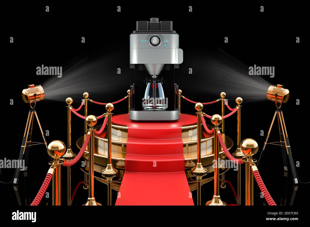 Podium with coffeemaker. 3D rendering isolated on black background Stock Photo