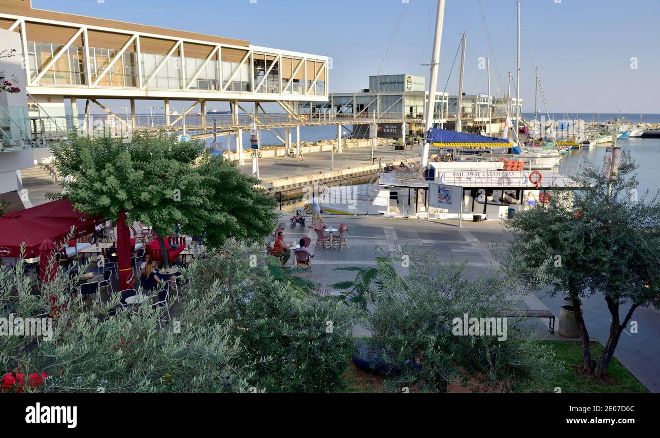 Limassol Old Port, Cyprus and Pier with outdoor dining Stock Photo