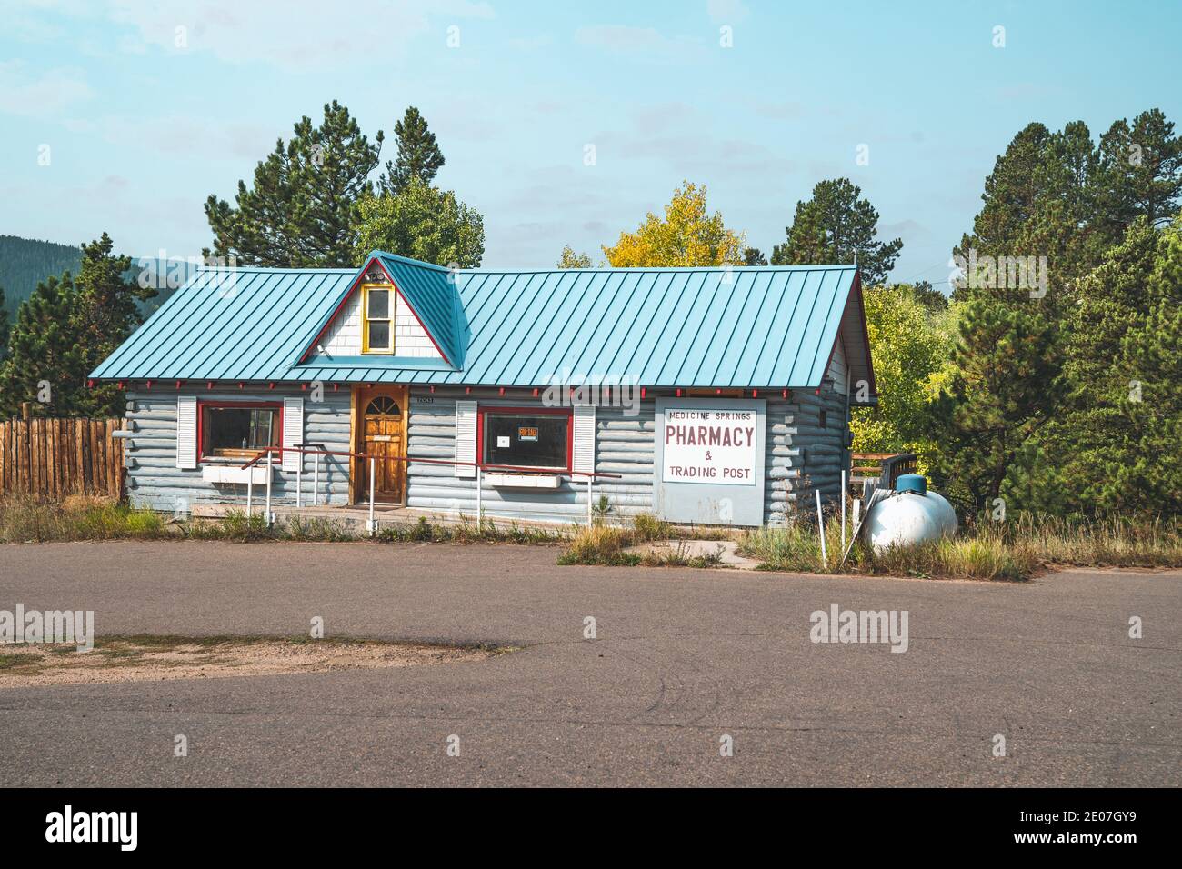 Black Hawk, Colorado - September 18, 2020: Exterior view of the Medincine Spings Pharmacy and Trading Post, now closed Stock Photo