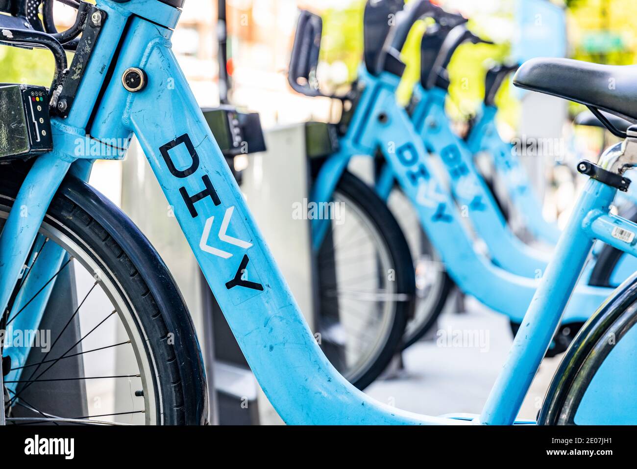 Divvy bikes locked up at a rental kiosk in downtown Chicago. The kiosks