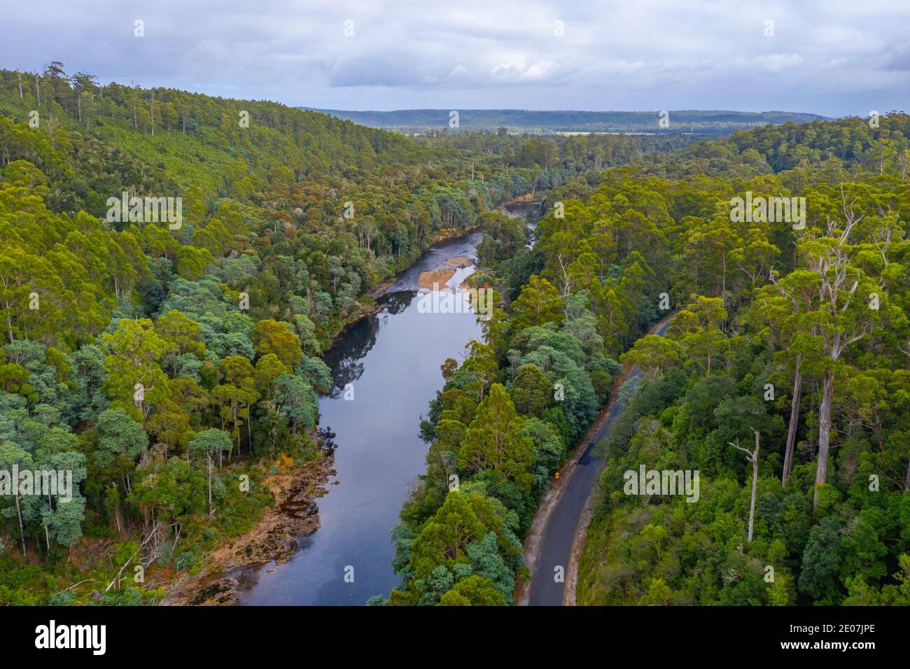 Aerial view of Arthur river at Tarkine forest in Tasmania, Australia