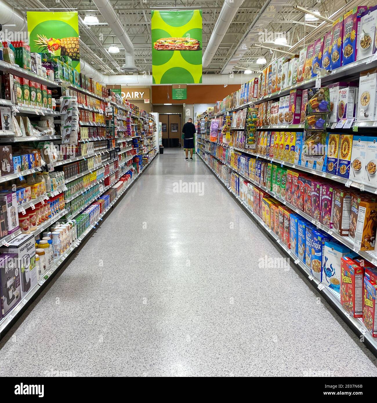 Orlando, FL USA - February 26, 2020:  The cereal, coffee and tea aisle at a Publix grocery store in Orlando, Florida. Stock Photo