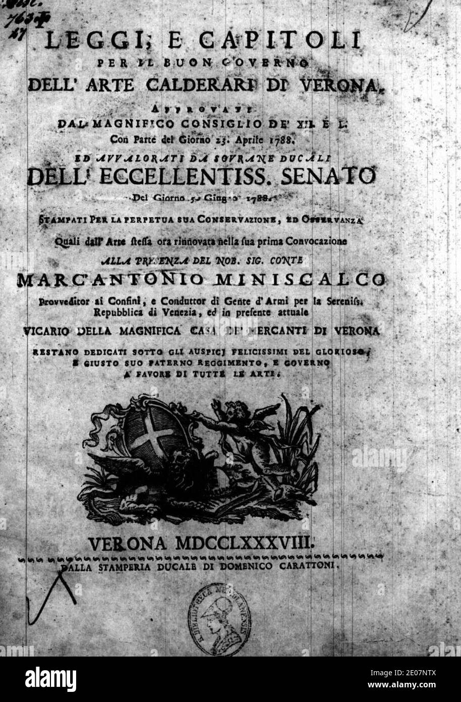 Leggi, e capitoli per il buon governo dell'arte calderari di Verona, 1788 – BEIC 15157127. Stock Photo