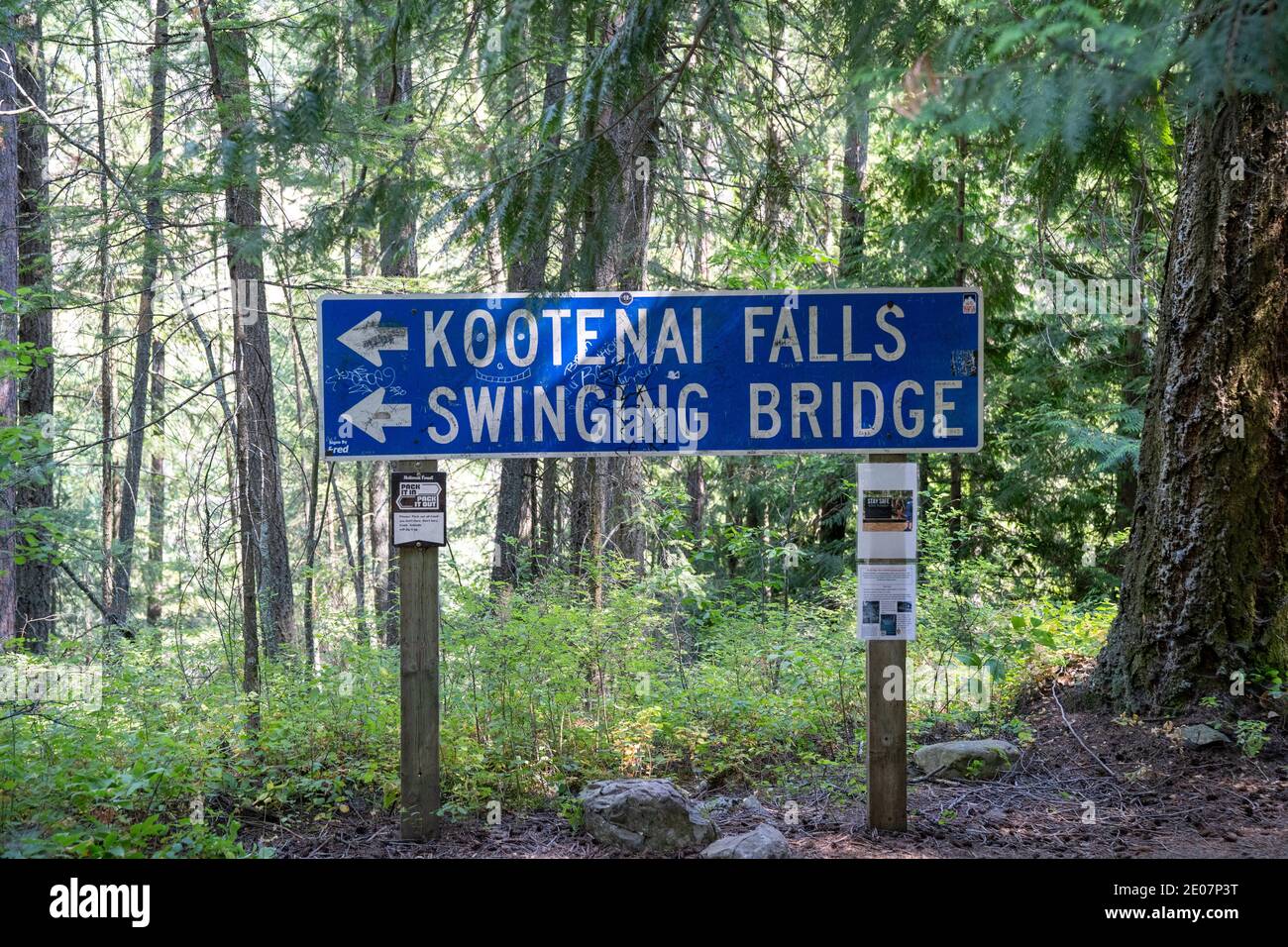 Libby, Montana July 29, 2020 Sign for the Kootenai Falls waterfall