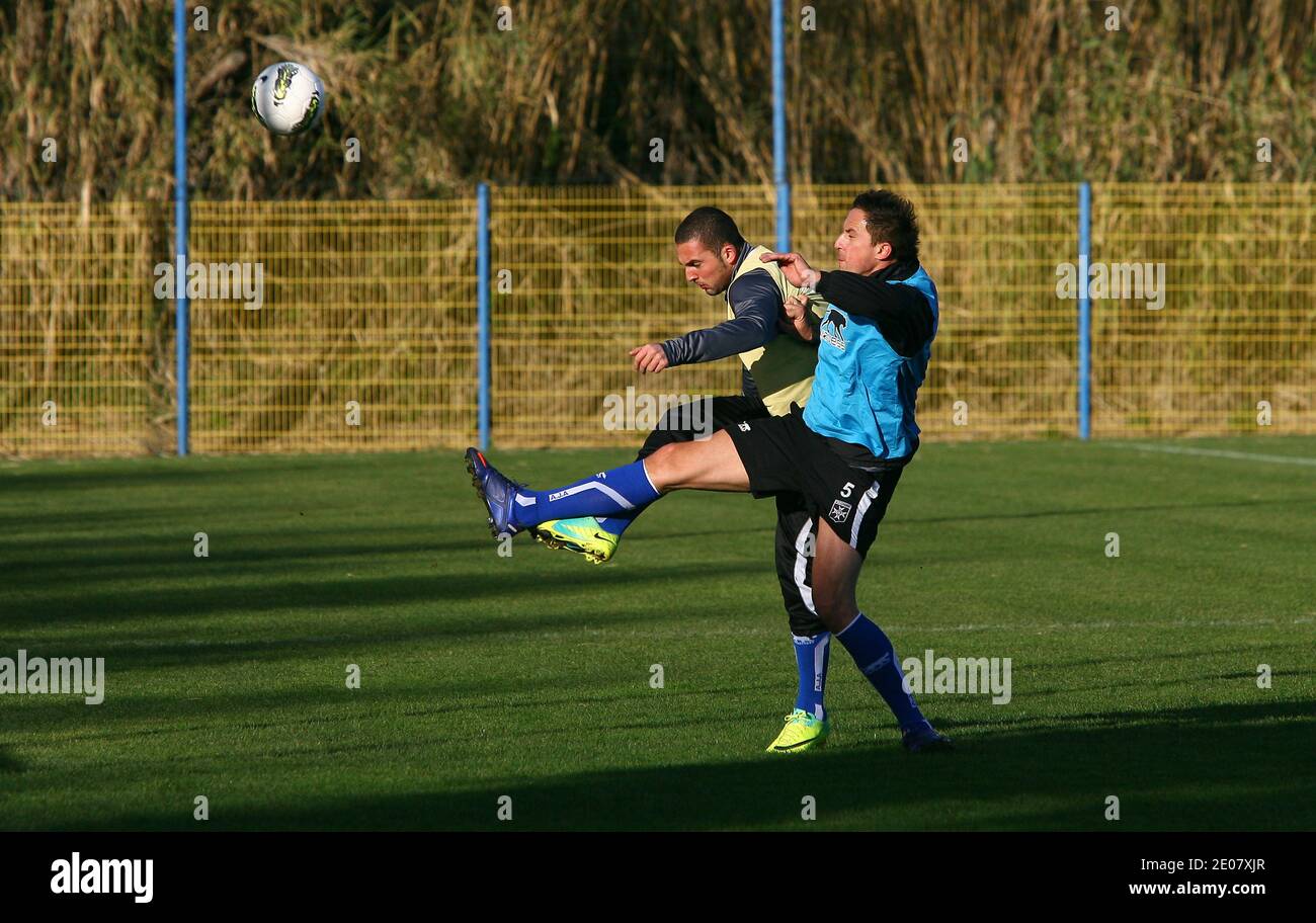 Auxerre's Dariusz Dudka and Ben Sahar during the training camp in Canet en Roussillon at the Saint-Michel Stadium in Canet en Roussillon, near Perpignan, France on January 6, 2012 prior to French Cup soccer game Chambly. Photo by Michel Clementz/ABACAPRESS.COM Stock Photo