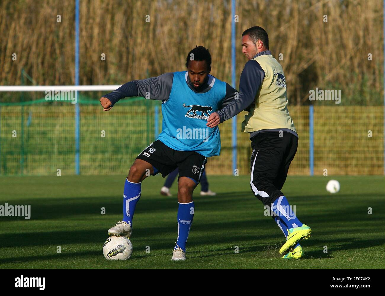 Auxerre's Roy Contout and Ben Sahar during the training camp in Canet en Roussillon at the Saint-Michel Stadium in Canet en Roussillon, near Perpignan, France on January 6, 2012 prior to French Cup soccer game Chambly. Photo by Michel Clementz/ABACAPRESS.COM Stock Photo