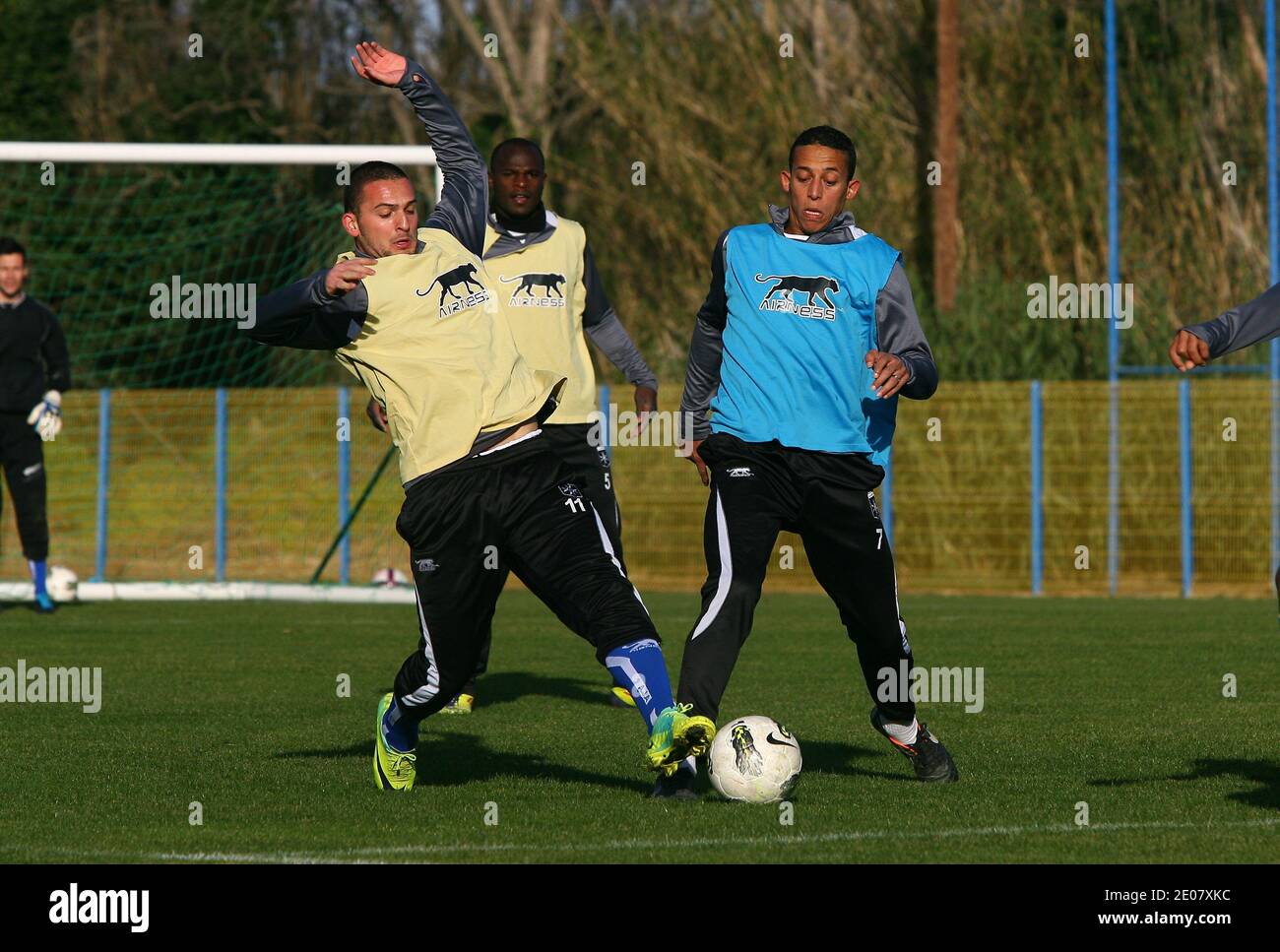 Auxerre's Kamel Chafni and Ben Sahar during the training camp in Canet en Roussillon at the Saint-Michel Stadium in Canet en Roussillon, near Perpignan, France on January 6, 2012 prior to French Cup soccer game Chambly. Photo by Michel Clementz/ABACAPRESS.COM Stock Photo
