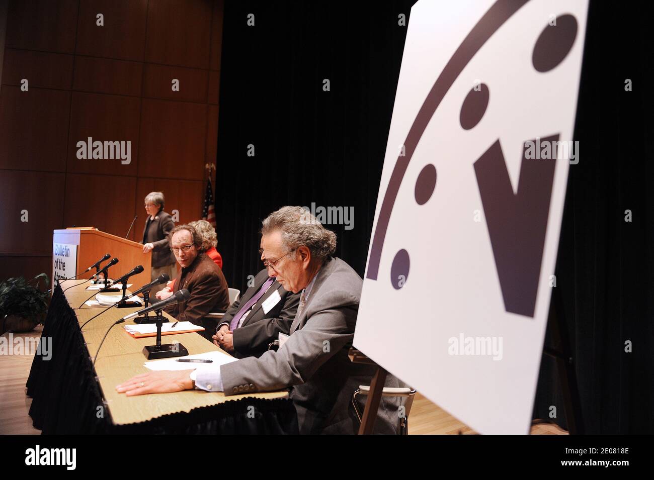 The Bulletin of the Atomic Scientists has reset the 'Doomsday Clock' to 5 minutes before midnight, a minute closer to humanity's imminent destruction, symbolized by 'midnight,' than last year during a press conference at the AAAS Auditorium January 10, 2012 in Washington, DC, USA. The clock is a symbol of the threat of humanity's imminent destruction from nuclear or biological weapons, climate change and other human-caused disasters. Photo by Olivier Douliery/ABACAPRESS.COM Stock Photo
