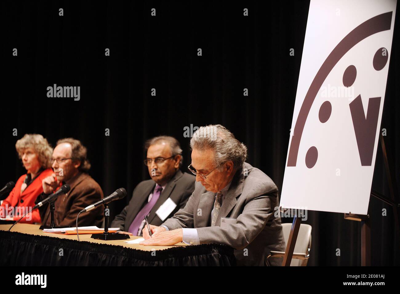 The Bulletin of the Atomic Scientists has reset the 'Doomsday Clock' to 5 minutes before midnight, a minute closer to humanity's imminent destruction, symbolized by 'midnight,' than last year during a press conference at the AAAS Auditorium January 10, 2012 in Washington, DC, USA. The clock is a symbol of the threat of humanity's imminent destruction from nuclear or biological weapons, climate change and other human-caused disasters. Photo by Olivier Douliery/ABACAPRESS.COM Stock Photo
