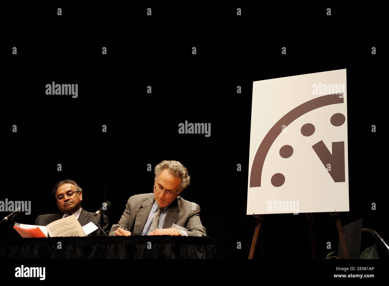 The Bulletin of the Atomic Scientists has reset the 'Doomsday Clock' to 5 minutes before midnight, a minute closer to humanity's imminent destruction, symbolized by 'midnight,' than last year during a press conference at the AAAS Auditorium January 10, 2012 in Washington, DC, USA. The clock is a symbol of the threat of humanity's imminent destruction from nuclear or biological weapons, climate change and other human-caused disasters. Photo by Olivier Douliery/ABACAPRESS.COM Stock Photo