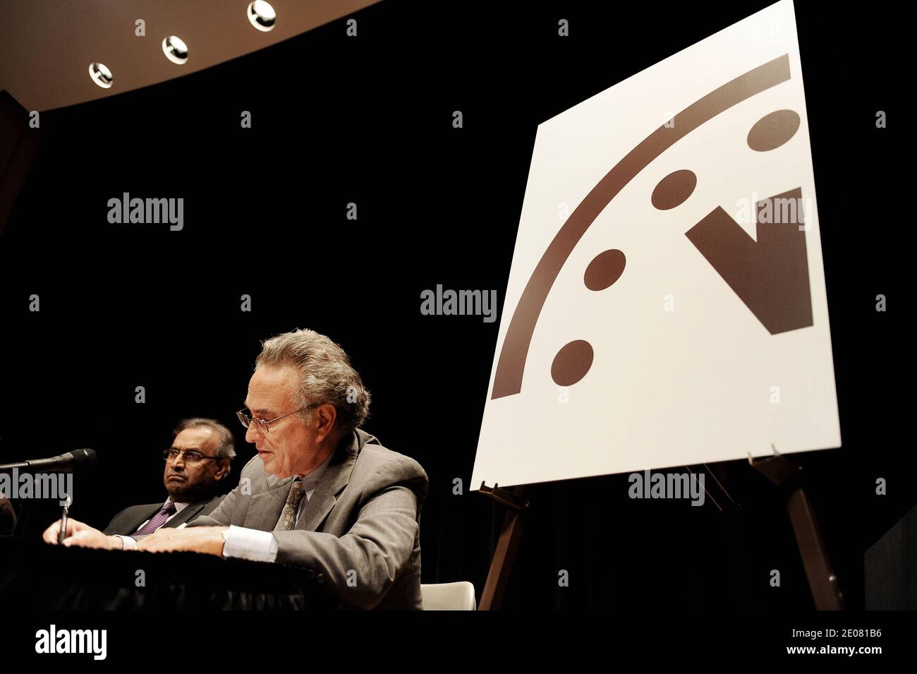 The Bulletin of the Atomic Scientists has reset the 'Doomsday Clock' to 5 minutes before midnight, a minute closer to humanity's imminent destruction, symbolized by 'midnight,' than last year during a press conference at the AAAS Auditorium January 10, 2012 in Washington, DC, USA. The clock is a symbol of the threat of humanity's imminent destruction from nuclear or biological weapons, climate change and other human-caused disasters. Photo by Olivier Douliery/ABACAPRESS.COM Stock Photo