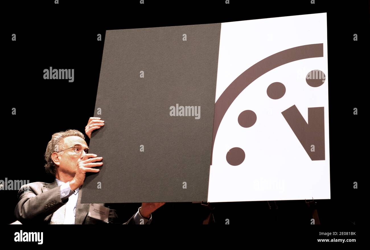 The Bulletin of the Atomic Scientists has reset the 'Doomsday Clock' to 5 minutes before midnight, a minute closer to humanity's imminent destruction, symbolized by 'midnight,' than last year during a press conference at the AAAS Auditorium January 10, 2012 in Washington, DC, USA. The clock is a symbol of the threat of humanity's imminent destruction from nuclear or biological weapons, climate change and other human-caused disasters. Photo by Olivier Douliery/ABACAPRESS.COM Stock Photo