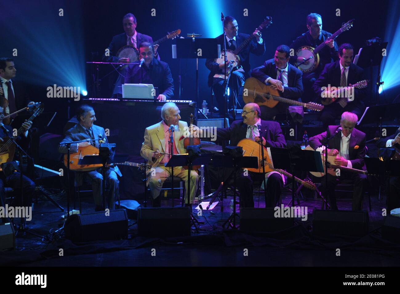 French famous 'pied noir' actor Robert Castel plays with the 'El Gusto' orchestra of chaabi music at the 'Grand Rex' theatre on January 9 and 10, 2012. 'El Gusto' used to be an orchestra playing in Algeria in the 1950s, and got reunited recently after a documentary movie on them. Photo by Ammar Abd Rabbo/ABACAPRESS.COM Stock Photo
