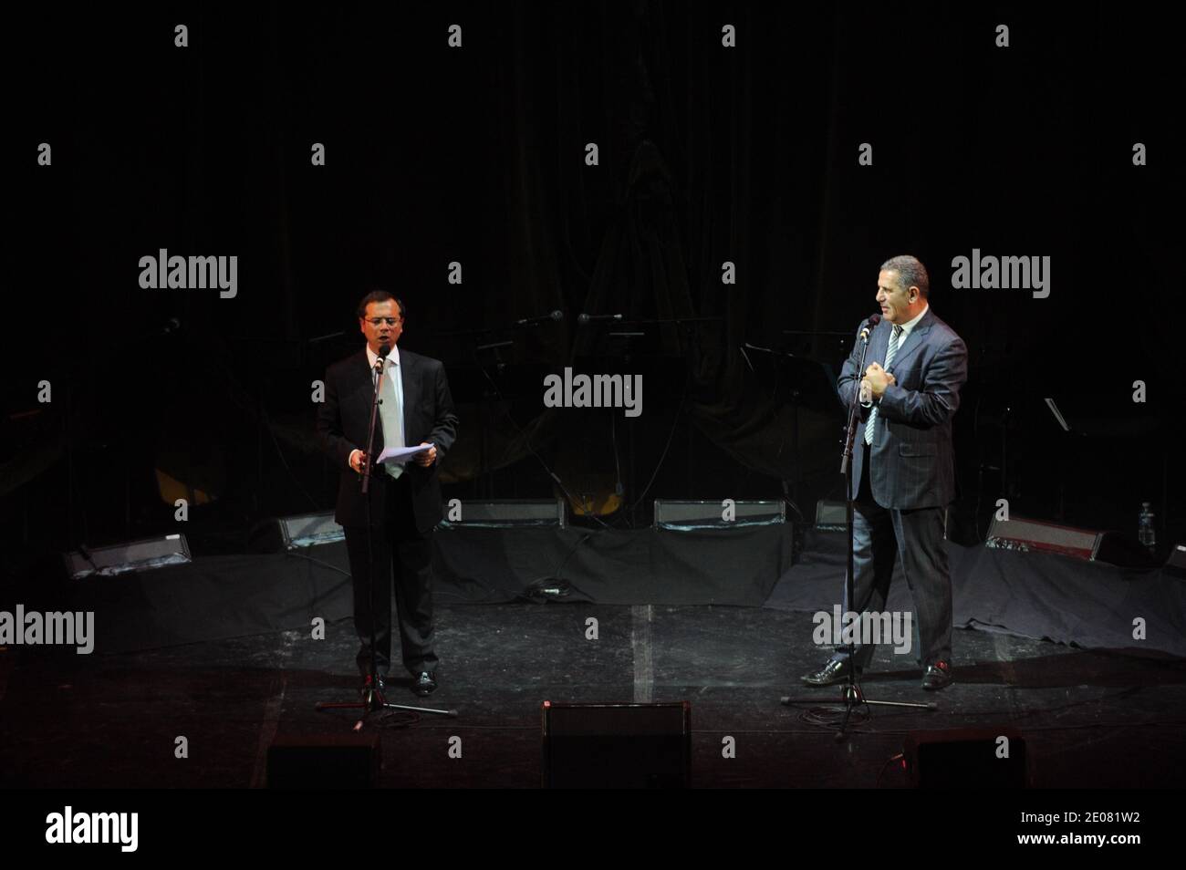 A rabbi and an imam sing during 'El Gusto' chaabi music concert at the 'Grand Rex' theatre on January 9 and 10, 2012. 'El Gusto' used to be an orchestra playing in Algeria in the 1950s, and got reunited recently after a documentary movie on them. Photo by Ammar Abd Rabbo/ABACAPRESS.COM Stock Photo