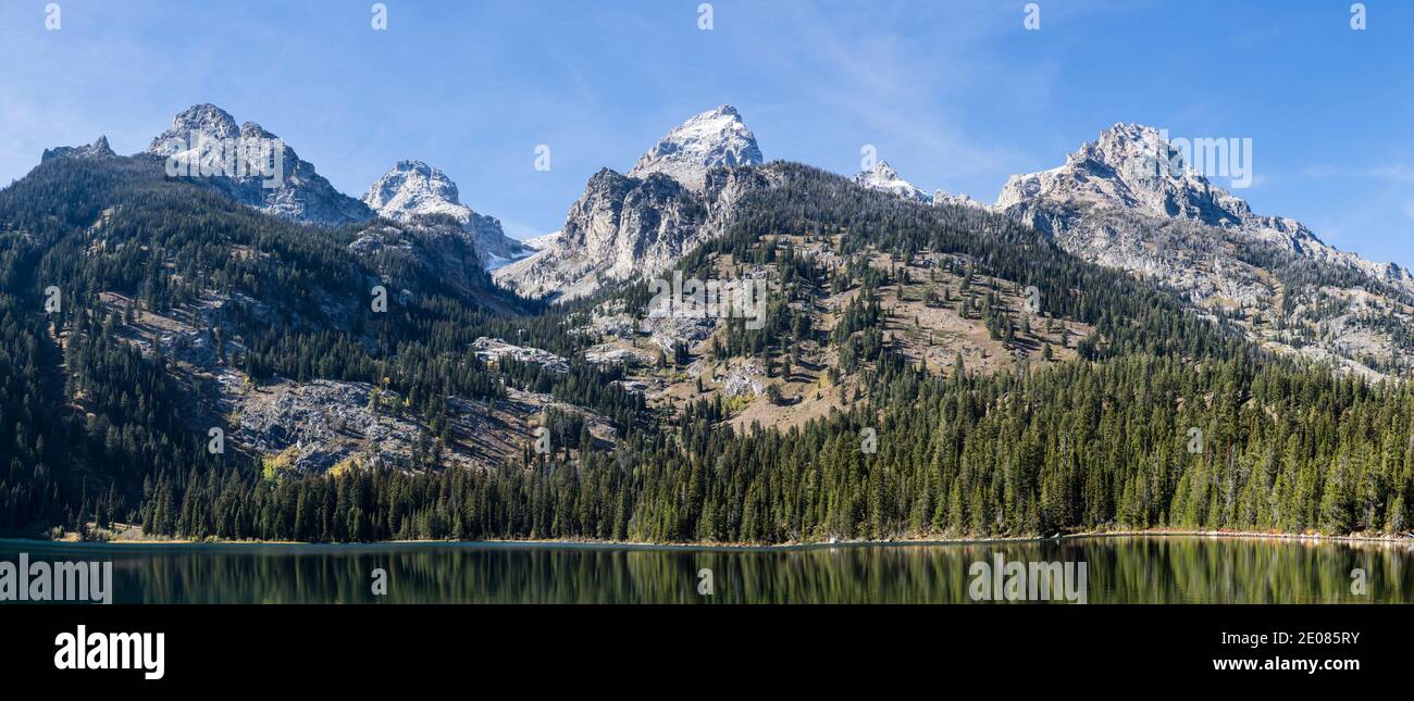 A panoramic view from Bradley lake, Tetons National Park, Wyoming, USA. Stock Photo