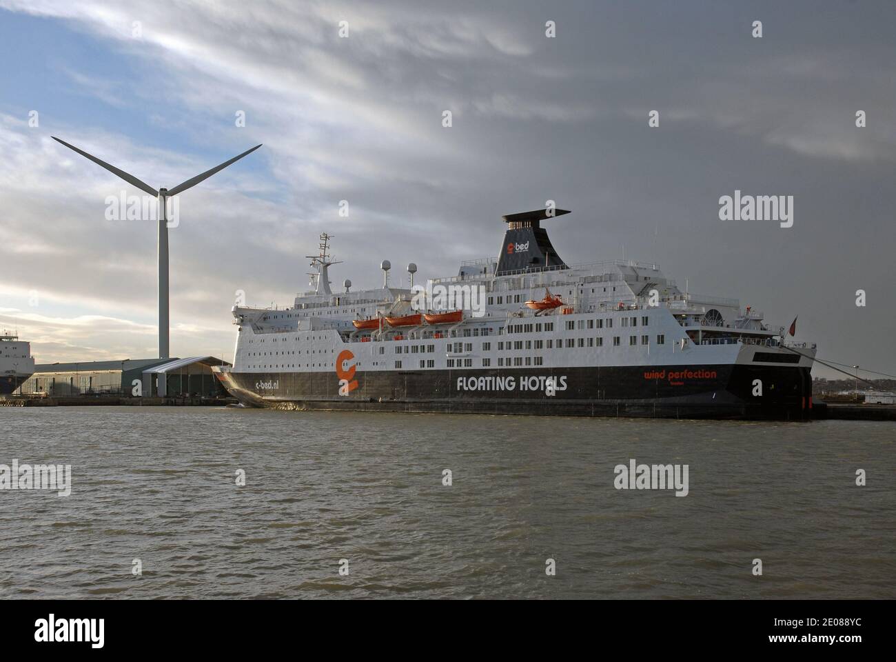 C-BED's WIND PERFECTION berthed at her LIVERPOOL DOCKS base whilst serving the WEST OF DUDDON SANDS WIND FARM project in the IRISH SEA. Stock Photo