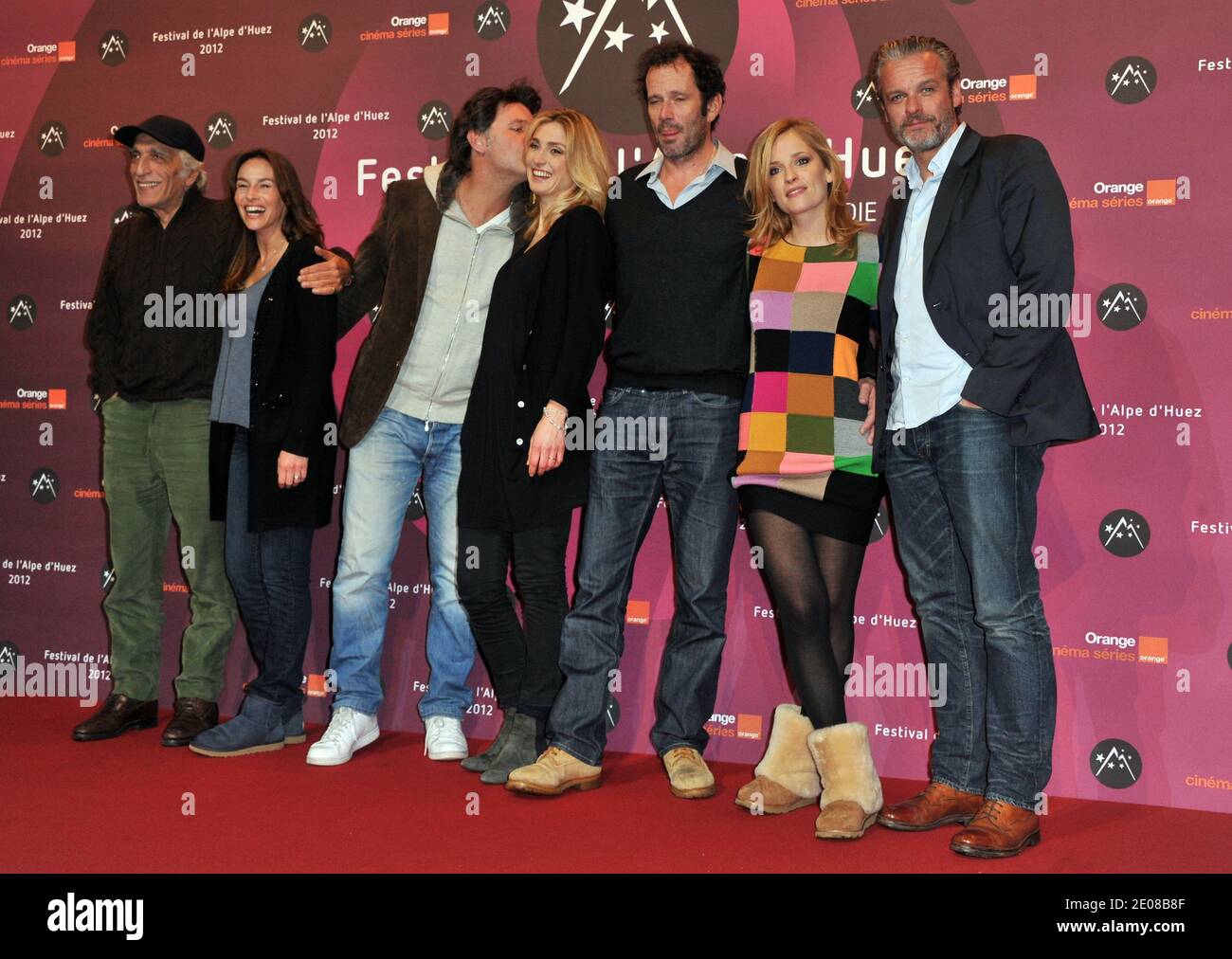 Gerard Darmon, Vanessa Demouy, Philippe Lellouche, Julie Gayet, Christian Vadim, Julie Bernard and David Brecourt posing at 'La Clinique De L'Amour' photocall as part of the 15th Alpe d'Huez Comedy Film Festival held at l'Alpe d'Huez, France, on January 18, 2012. Photo by Charriau-Marechal/ABACAPRESS.COM Stock Photo