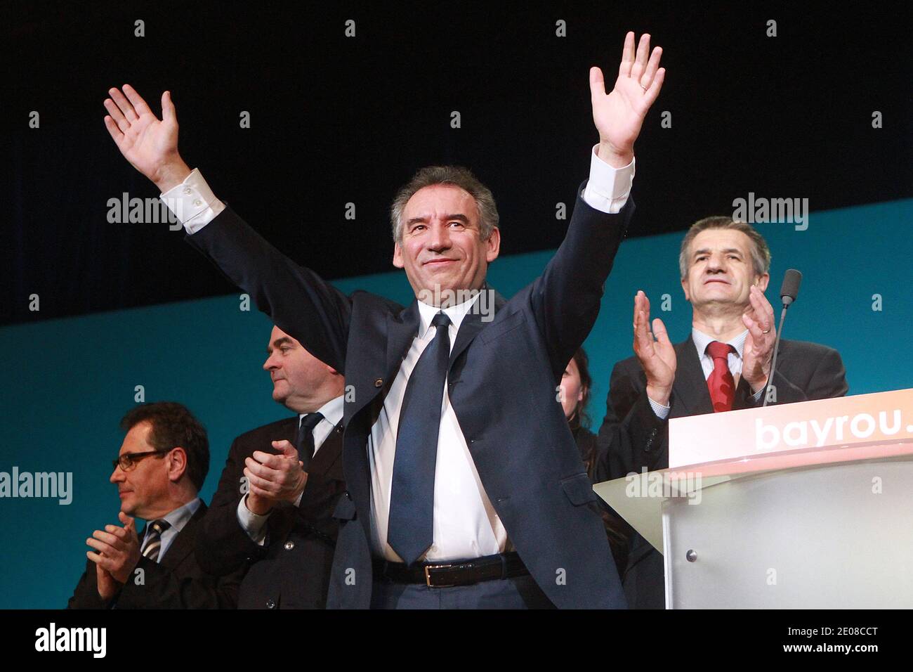 Presidential candidate and leader of the centrist grouping MoDem Francois  Bayrou, seen here with Jean Lassalle, holds his first campaign rally in  Dunkerque, North of France, January 19, 2012. Photo by Jean-Yves