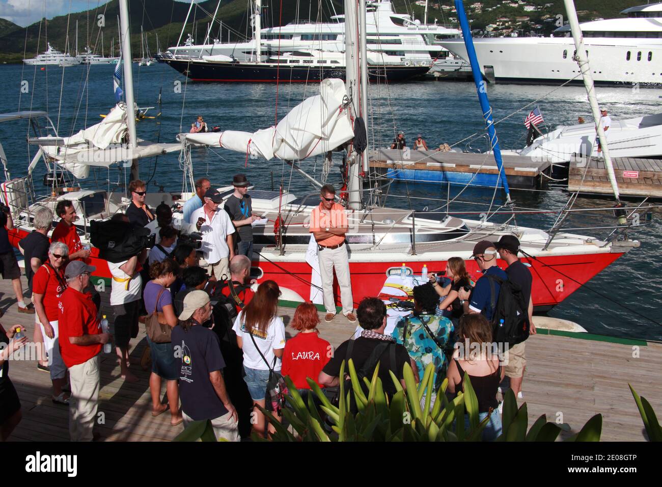 Arrival of 16-year-old, Dutch girl, Laura Dekker in St.Maarten Yacht Club,  in the Dutch Caribbean island of St. Maarten on January 21, 2012. She  becomes the youngest sailor who ever sailed around