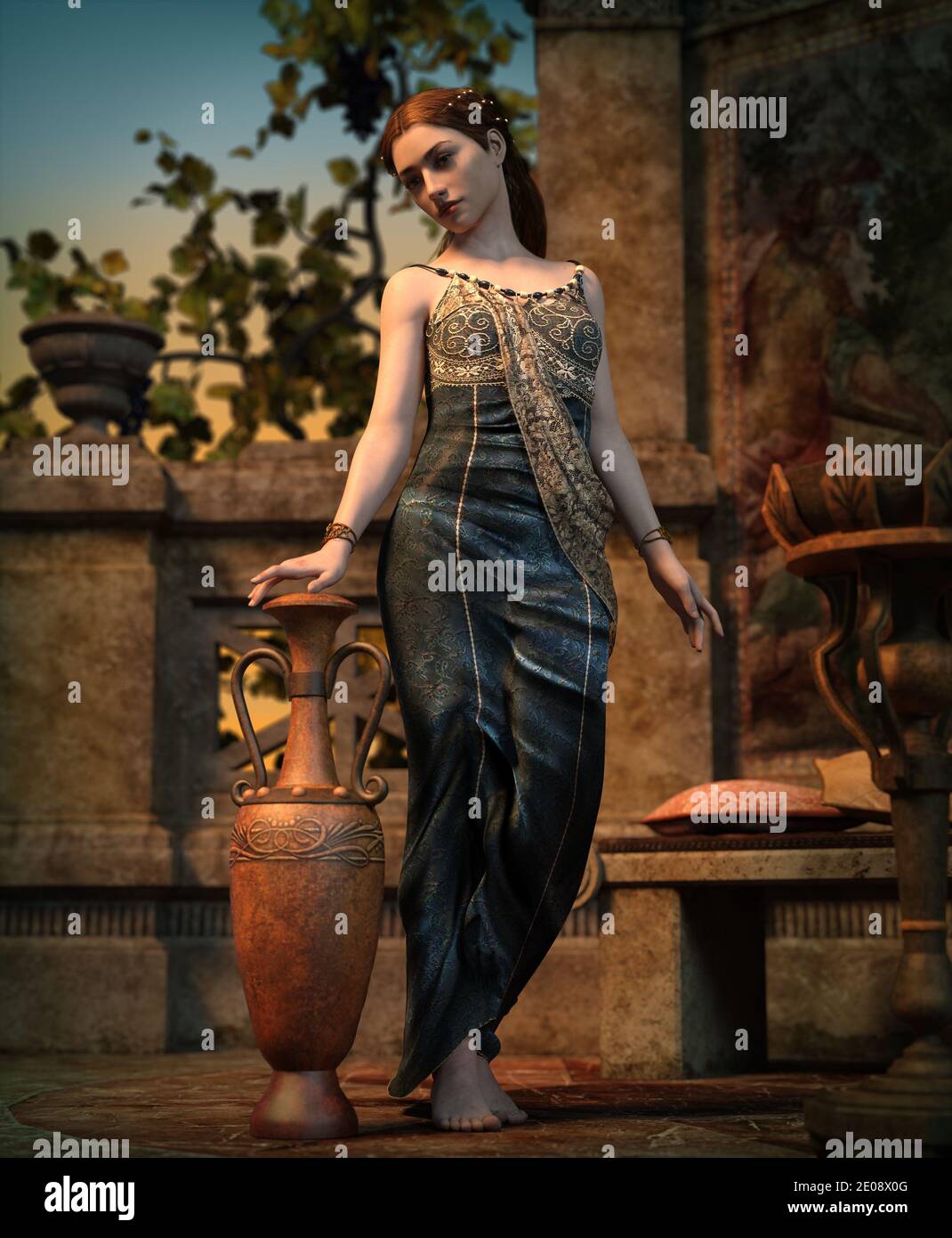 3d computer graphics of a fantasy scene with a girl in ancient Roman style Stock Photo