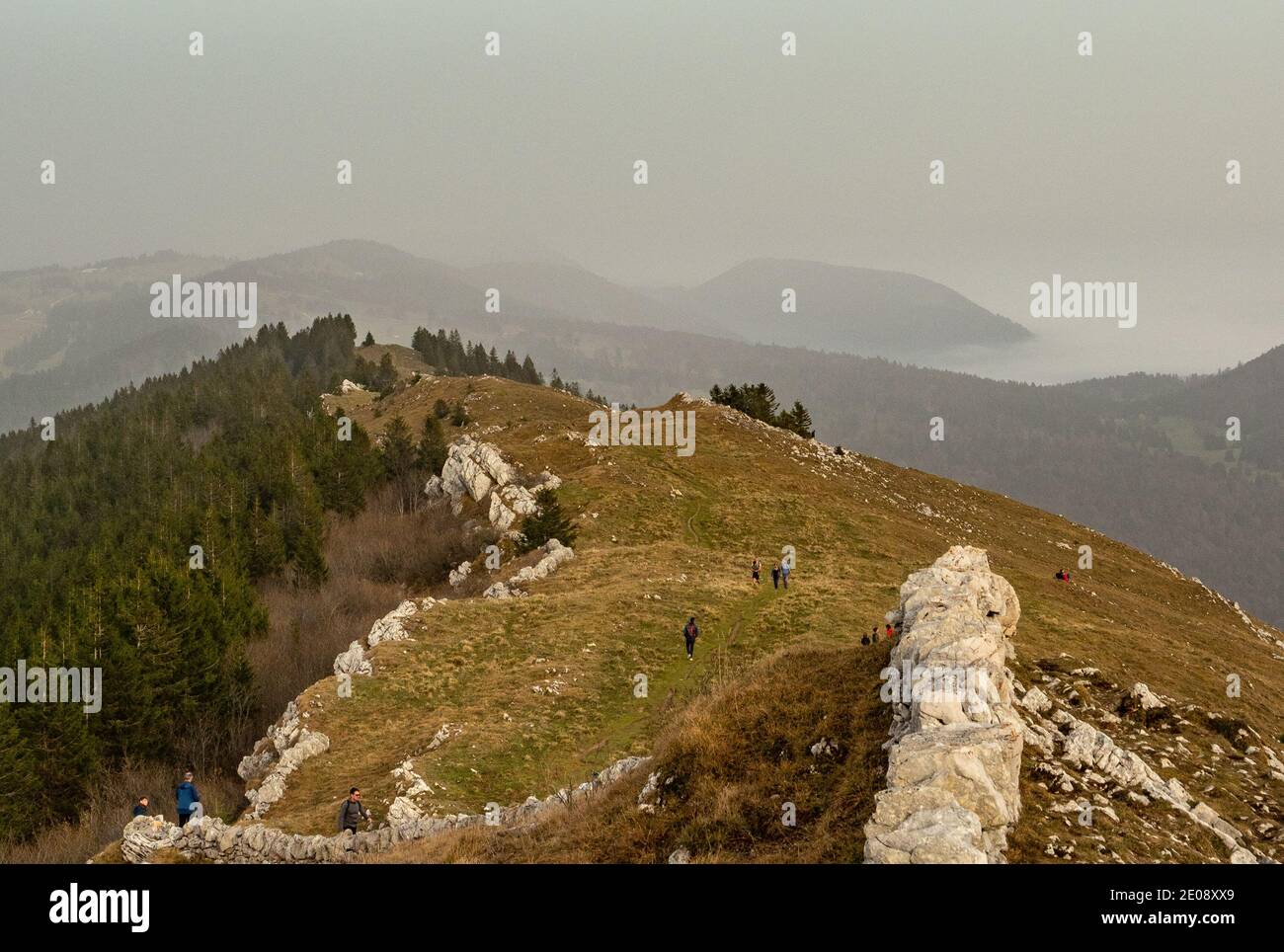 View from Chasseral - a Swiss mountain - over the hills of the Jura massif Stock Photo