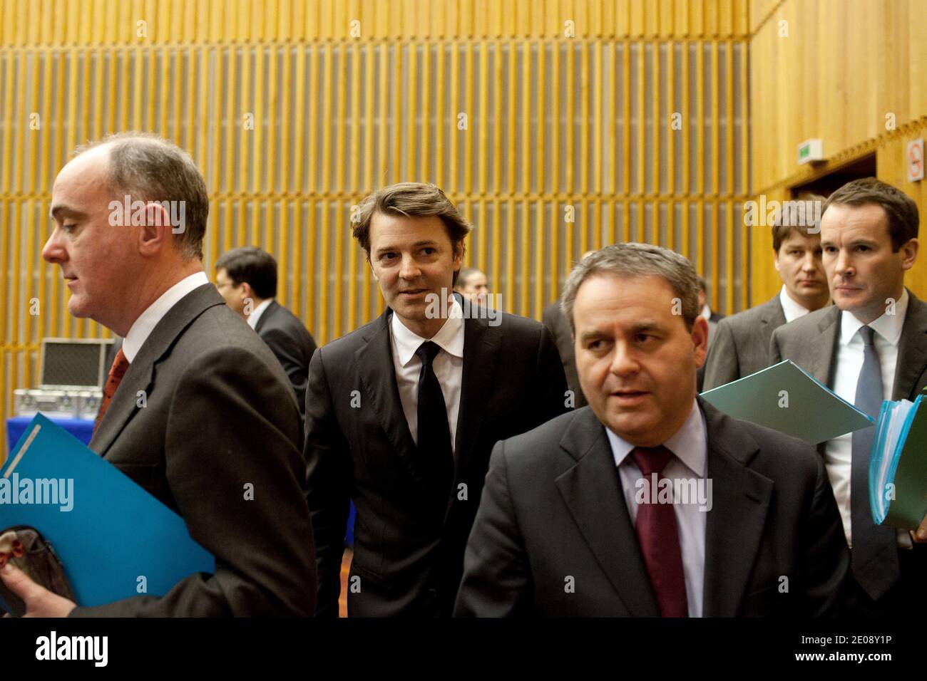 French Economy and Finance minister Francois Baroin and French Minister for Labour, Employment and Health Xavier Bertrand arrive at the 5th Strategic Council of Industries of Health at Ministry of Economy, in Paris, France, on January 25, 2012. Photo by Stephane Lemouton/ABACAPRESS.COM Stock Photo