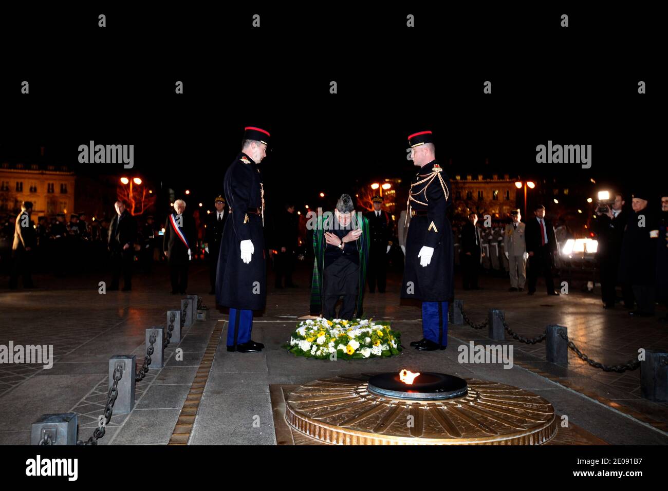 Afghan President Hamid Karzai is pictured during a ceremony in front of the Unknown soldier's tomb, at the Arc of Triomphe, Paris, France on January 27, 2012. Photo by Hamilton/Pool/ABACAPRESS.COM Stock Photo