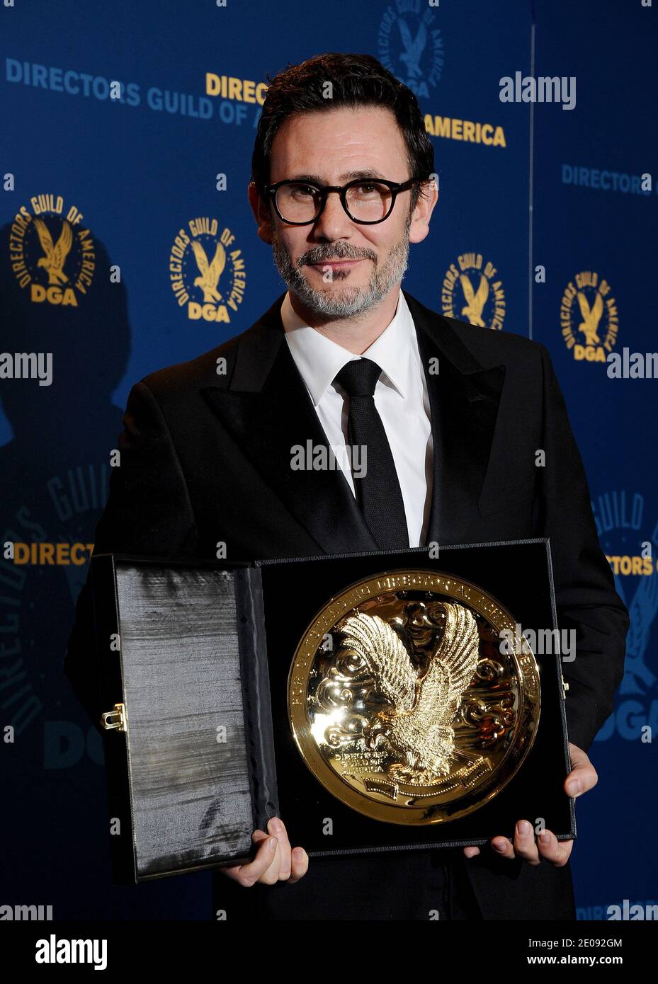 Director Michel Hazanavicius, winner of the Outstanding Directorial Achievement in Feature Film for 2011 award for 'The Artist,' poses in the Press Room of the 64th Annual Directors Guild of America Awards in Los Angeles, January 28, 2012. Photo by Lionel Hahn/ABACAPRESS.COM Stock Photo