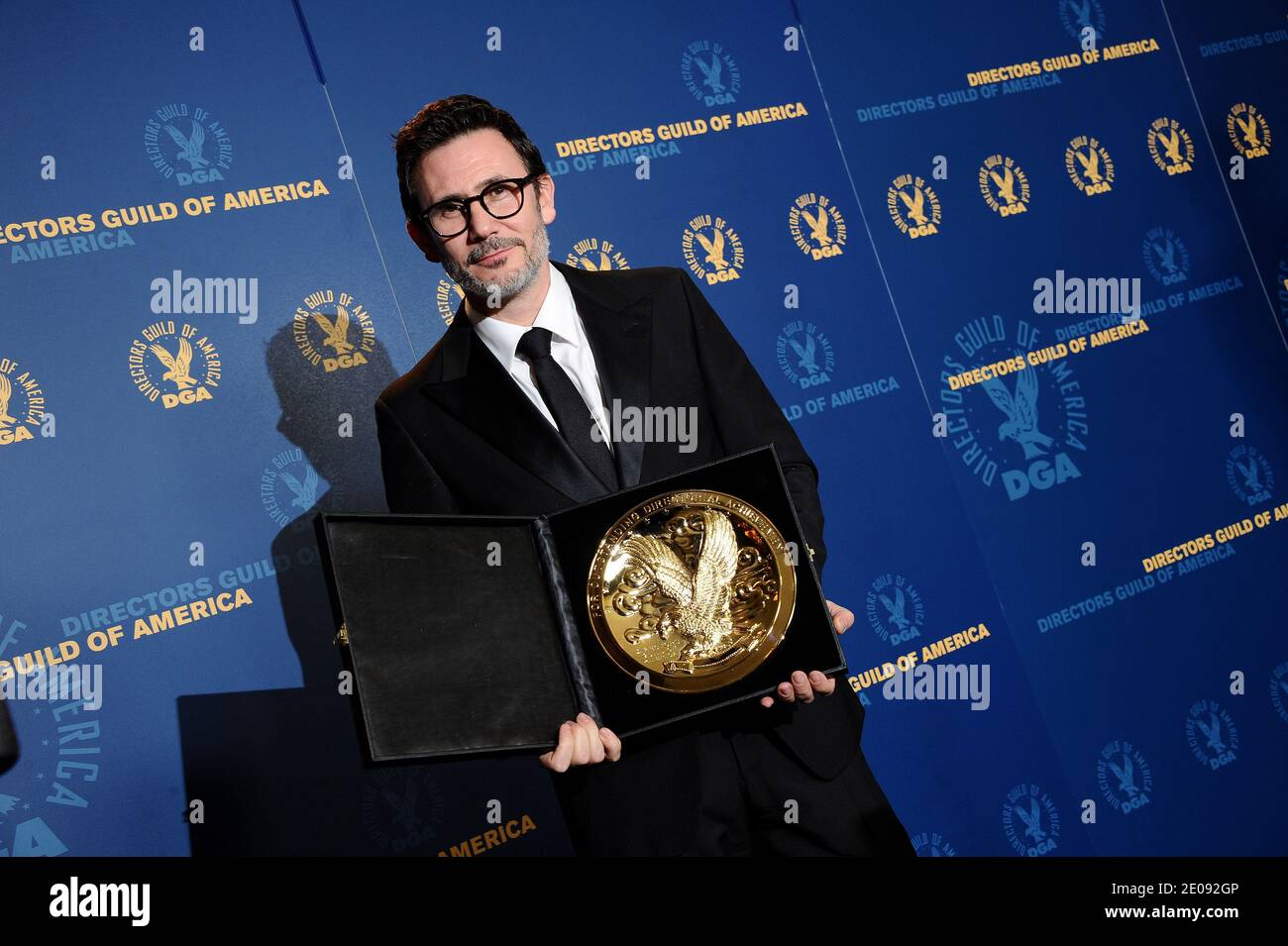 Director Michel Hazanavicius, winner of the Outstanding Directorial Achievement in Feature Film for 2011 award for 'The Artist,' poses in the Press Room of the 64th Annual Directors Guild of America Awards in Los Angeles, January 28, 2012. Photo by Lionel Hahn/ABACAPRESS.COM Stock Photo