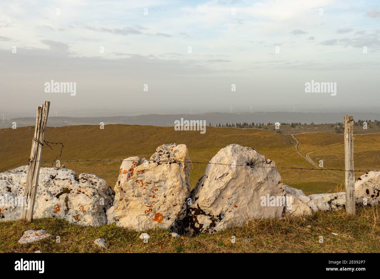 View from Chasseral - a Swiss mountain - over the hills of the Jura massif Stock Photo